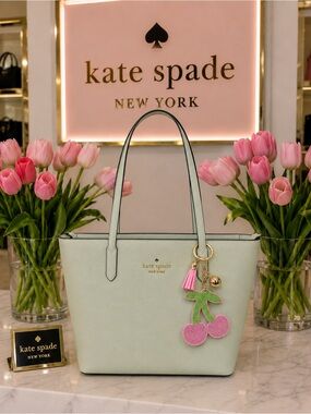 Kate spade Jana pale mint tote with pink cherry charm NWT
